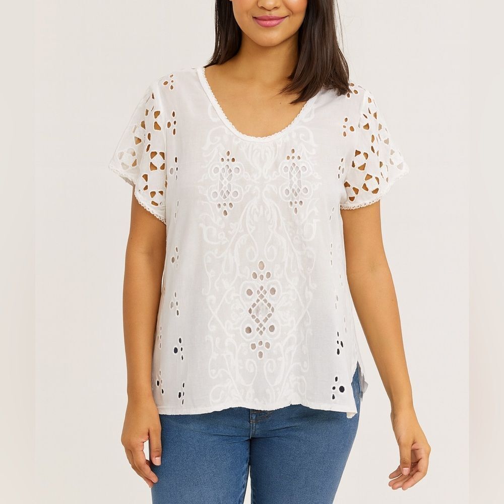 Dylan White Cotton Eyelet Embroidered Short Sleeve Blouse Top Size L